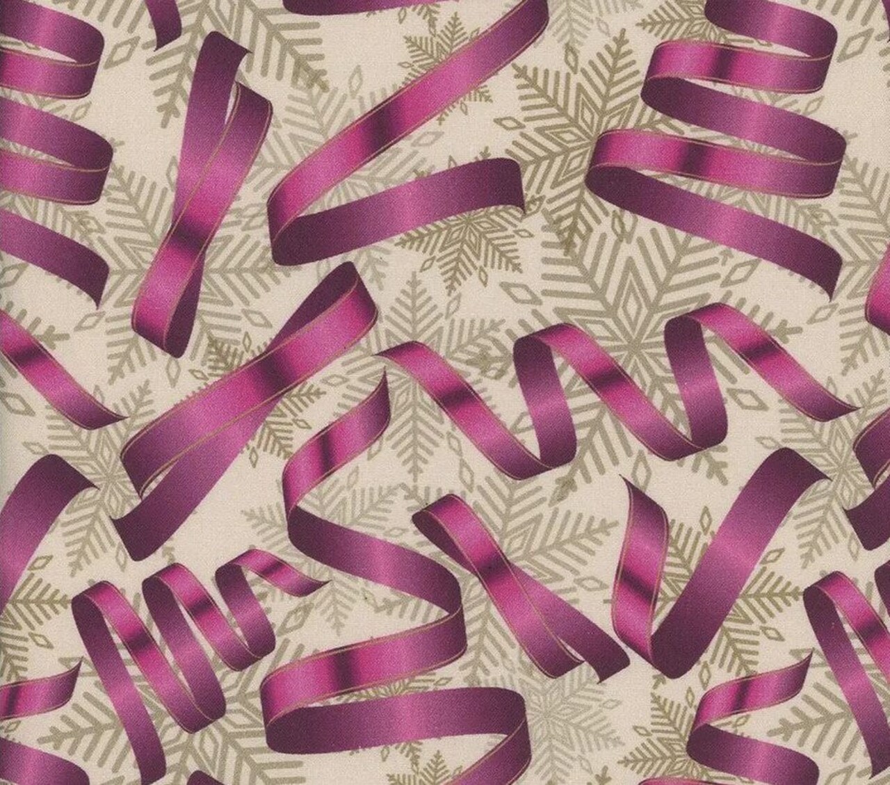 Mook Fabrics Christmas Pink Ribbons Silver Snowflakes 100% Cotton Fabric By the yard